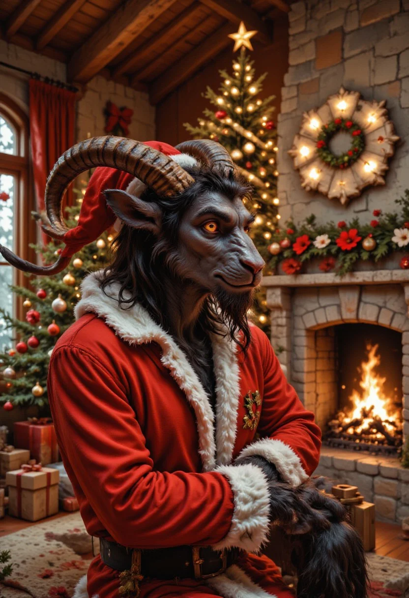 christmas living room, gkrampus wearing Santa outfit with arms crossed