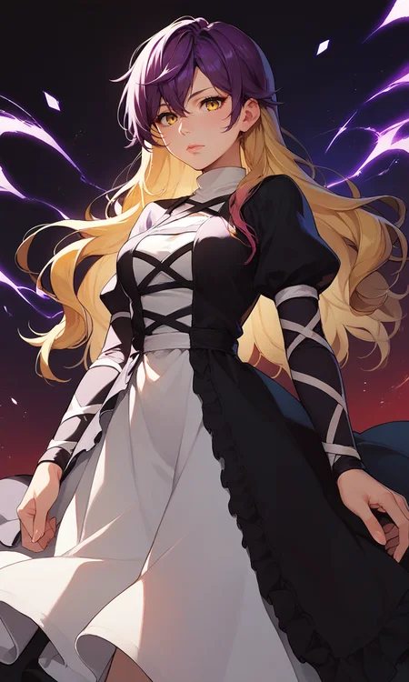 score_9, score_8_up, score_8, score_9, 1 girl, source_anime, hijiri byakuren, <lora:byakuren_hijiri_pony-10:0.8>, purple hair, blonde hair, two-tone hair, black dress, white dress, layered dress, cross-laced clothes, long hair, yellow eyes, <lora:incase_style_v3-1_ponyxl_ilff:0.8>