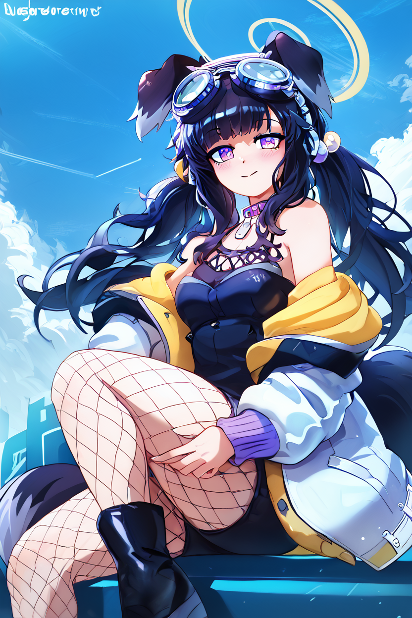 score_9, score_8_up, score_8, medium breasts, (curvy), cute, eyelashes,       BREAK, , ,,, zzHibiki, yellow eyes, black hair, long hair, animal ears, dog ears, dog tail, halo, (black shirt), white jacket, open jacket, black shorts, boots, fishnet pantyhose, off-shoulder, dog tags, purple eyes, <lora:Hibiki_BlueArchive_PDXL_v2:0.8>,   ,,,, BREAK, smile, closed mouth, looking at viewer, cowboy shot, ,,, embedding:zPDXL, Expressiveh, ,,, <lora:Konpeto_PDXL_v3:1.0>, <lora:SDXLFaeTastic2400:0.5>, <lora:Expressive_H-000001:0.4>,
