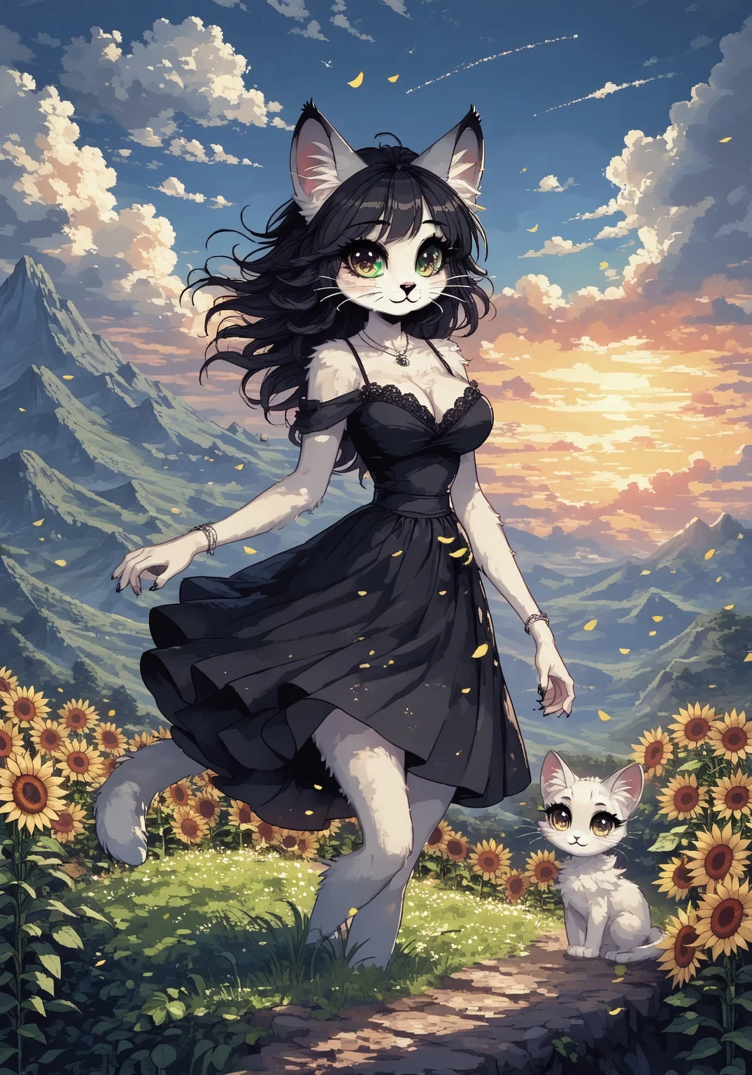 <lora:d3p1x3lXLP:1> d3p1x3l, pixel art, score_9, score_8_up, score_7_up, source_pixel, screencap
BREAK 1girl, Kaja, anthro cat, feline, female, (white fur), long black hair, long eyelashes, eyebrows, animal nose, whiskers, fluffy ears, fluff in ears, fluffy tail, (beautiful detailed green eyes:1.6), (green pupils:1.3), (cute expression, cute face:1.3), (black claws), :3, black drees, cleavage, black skirt, (sunflowers:1.2)
BREAK
dynamic pose, breeze effect
BREAK
meadow scenery, colorful flowers, tall grass, blue sky with clouds, mountains in distance, animals in background, floating petals, warm sunlight, summer glow
BREAK
dreamy atmosphere, extremely detailed, cinematic soft lighting, tranquil setting, peaceful, magical summer morning, sharp focus on character, natural beauty, detailed background, zPDXL3
