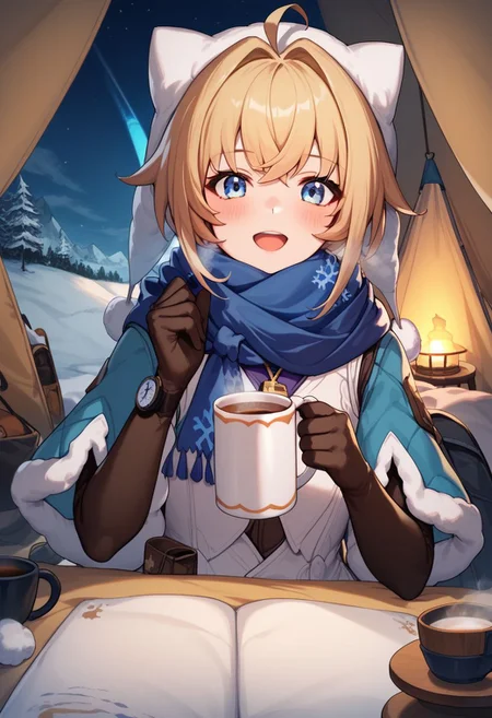 score_9, score_8_up, score_7_up, 1girl, smooth_anime, LynxLandau, solo, blonde hair, short hair, ahoge, blue eyes, fur-trimmed blue capelet, scarf, winter clothes, sweater, fur trim, white vest, blue pantyhose, wristwatch, black elbow gloves, long sleeves, hat, pendant, whistle, snowflake print, thigh_holster, mug with hot tea in hand, steam trail from mug, looking at viewer, tent, siting inside tent, tent background, snowy mountains.