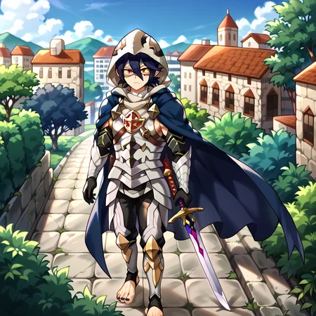 masterpiece, best quality, sharp aliasing, highly detailed, Quality, High Definition, Full Body View, <lora:EPfeCorrinPony:1>EPfeCorrin, blue cape, armour, black gloves, full gloves, black pants, wearing pants, outdoors, day, stone ground, tree, bush, buildings, barefoot, toeless legwear, armoured legwear, stirrup legwear, 5 toes <lora:Amajiki_Tamaki__Pony:1>Tamaki Amajiki, pointy ears, red eyes, dark blue hair, hair between eyes, hood, mask, male, male body, solo, 1male sword, standing <lora:feet_anime_pony_v2:1>feet, dark blue toenails