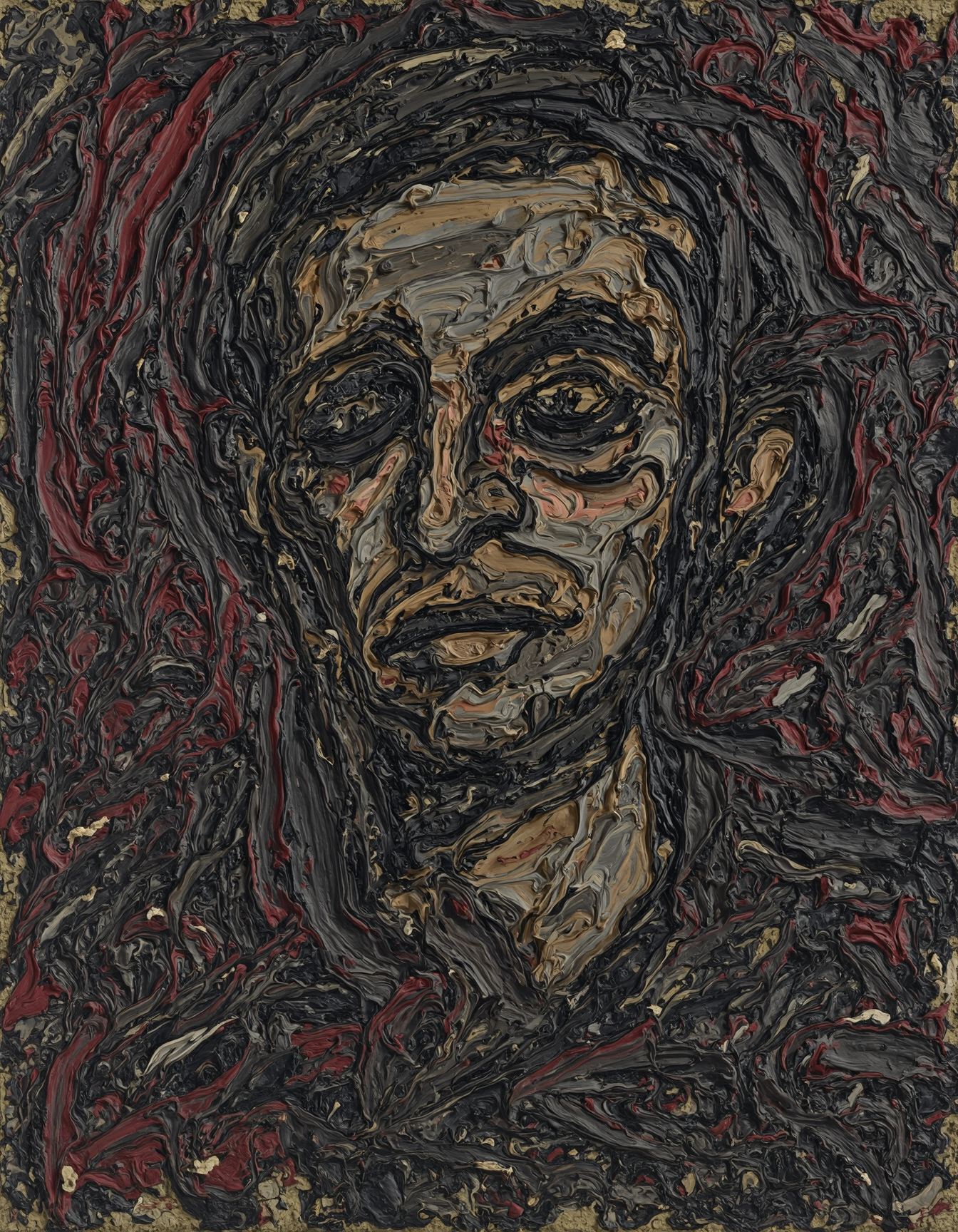 Abstract portrait by Leon Kossoff, depicting a male figure with intense, expressive brushstrokes. Thick impasto layers create a textured surface, primarily using dark tones with occasional earthy and fleshy colors. The figure's face emerges from the swirling paint, characterized by deep-set eyes, prominent brow, and pronounced nose. Sharp red and black strokes intersect across the composition, adding dramatic depth. The man's features appear obscured yet convey emotional intensity. Overall composition focuses on the central facial depiction with chaotic surrounding elements. Likely middle-aged, Caucasian with rugged features, capturing an aura of profound contemplation or turmoil.