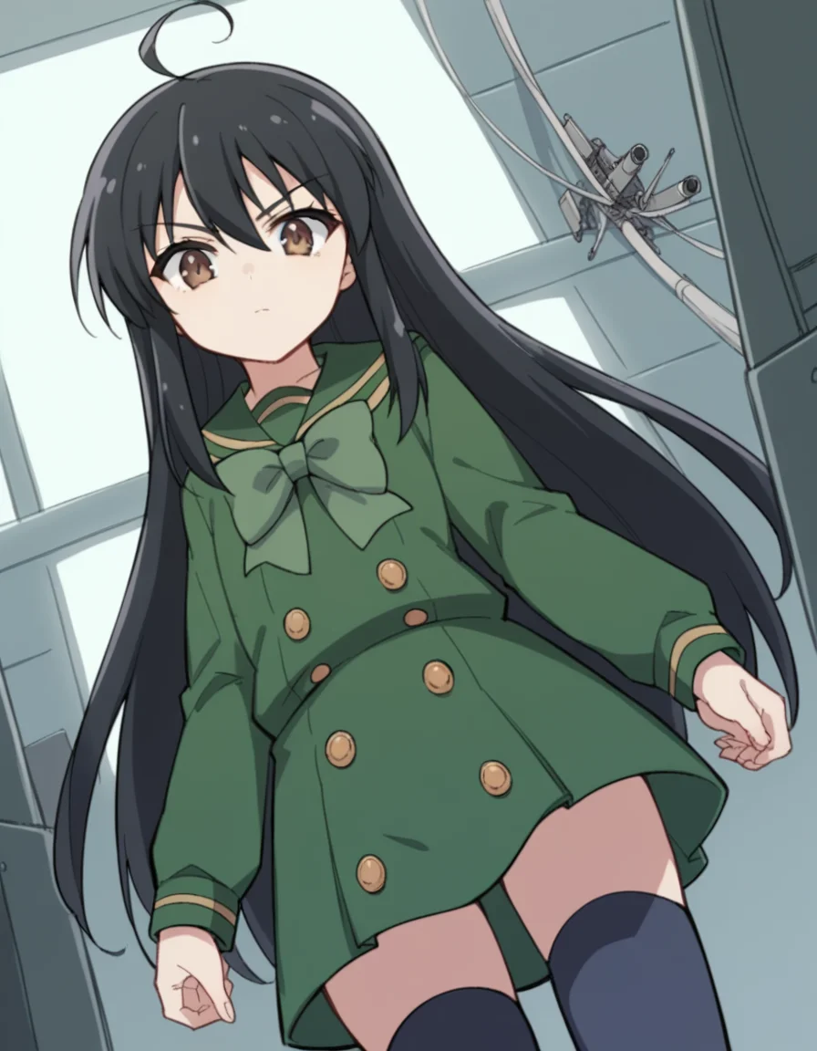 score_9, score_8_up, score_7_up, source_anime, <lora:shakugan-no-shana-s3-ponyxl-lora-nochekaiser:1>, shana, long hair, black hair, brown eyes, ahoge, sidelocks,, school uniform, serafuku, green serafuku, bowtie, green bowtie, green shirt, green sailor collar, long sleeves, green skirt, buttons, thighhighs,, factory, machines, workers, assembly, production, , from below, looking at viewer, solo,, dutch angle, cowboy shot
