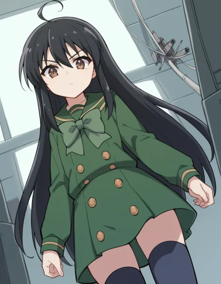 score_9, score_8_up, score_7_up, source_anime, <lora:shakugan-no-shana-s3-ponyxl-lora-nochekaiser:1>, shana, long hair, black hair, brown eyes, ahoge, sidelocks,, school uniform, serafuku, green serafuku, bowtie, green bowtie, green shirt, green sailor collar, long sleeves, green skirt, buttons, thighhighs,, factory, machines, workers, assembly, production, , from below, looking at viewer, solo,, dutch angle, cowboy shot