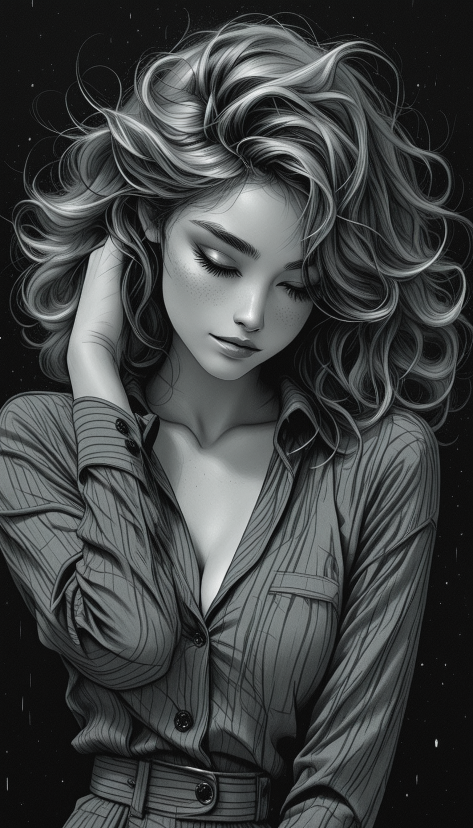 masterpiece,
high_quality, highres, detailed_eyes, detailed, masterpiece, best quality, absurdres, 8k, HDR, face_focus, high quality, very_awa, newest, absurdres, highres, depth_of_field, realistic_skin,
pinkretroanime, retro art,
Jeddtl02,
p0nyd1sney1ncasev1x0n2,
pencil drawing, pencil stroke, monochrome, very aesthetic, detailed face, (dynamic:1.2), stylized, illustration, dynamic pose, nsfw, girl, tall body, slender body, fit body, long legs, deep cleavage, (freckles on the face:1.25), parted lips, glossy lips, plump lips, A breathtaking cinematic portrait of a stunningly beautiful woman, viewed from a low, slightly angled three-quarter perspective – a dramatic camera angle emphasizing her power and grace. The lighting is primarily a stark, cool-toned Rembrandt lighting, originating from the left, casting deep, intricate shadows across her face and torso, highlighting the subtle contours of her skin. The overall color palette is dominated by cool grays, charcoal blacks, and hints of silver – a monochromatic masterpiece. The woman is positioned centrally, her body subtly turned towards the viewer, a slight lean suggesting movement and confidence. Her posture is relaxed but poised, conveying an air of quiet contemplation. She is wearing a flowing, floor-length gown of smoky gray silk, the fabric draped and swirling around her legs, catching the light with delicate folds. The gown’s texture is incredibly detailed – subtly shimmering with a metallic sheen. Her arms are gracefully positioned, one gently resting on her hip, the other slightly raised as if holding something unseen. Her hands are slender and expressive, the skin flawlessly rendered with realistic pores and subtle variations in tone. Her face is the focal point. She has an oval-shaped face with high cheekbones and a strong jawline. Her eyes are large, deep, and captivating – a mesmerizing shade of cool grey-blue, reflecting the ambient light with a subtle inner glow. Her eyebrows are arched slightly, conveying intelligence and a hint of melancholy. Her nose is straight and refined. Her lips are full and softly defined. Her skin is flawless – incredibly detailed with realistic pores and subtle variations in tone. Her hair is a cascade of voluminous, almost liquid silver, flowing around her shoulders in loose waves, catching the light and creating a halo effect. The hair is rendered with extreme detail, each strand individually defined. The background is a desolate, windswept beach at dusk. The sky is a tumultuous mix of charcoal gray and bruised purple, heavy with impending rain. The waves are crashing against the shore with relentless force, their white foam illuminated by flashes of lightning in the distance – a sense of drama and raw power. The sand is damp and dark, reflecting the stormy sky. The overall atmosphere is one of intense beauty, loneliness, and a touch of foreboding. There’s a slight mist hanging in the air, adding to the ethereal quality of the scene. The image is imbued with a sense of timelessness and quiet intensity. The focus is exquisitely sharp, drawing the viewer into the woman’s captivating gaze. The lighting is dramatic, the composition is masterful, and the details are utterly breathtaking – an immersive photographic experience., 1girl, solo, long hair, breasts, looking at viewer, smile, large breasts, simple background, shirt, long sleeves, cleavage, medium breasts, closed mouth, collarbone, monochrome, closed eyes, upper body, greyscale, small breasts, parted lips, striped, collared shirt, hand up, hair over one eye, arm up, lips, head tilt, looking to the side, eyelashes, dress shirt, makeup, buttons, floating hair, wavy hair, looking away, looking down, formal, half-closed eyes, suit, light smile, black background, messy hair, vertical stripes, spot color, curly hair, pocket, hand in own hair, striped shirt, realistic, nose, adjusting hair, unbuttoned, dark, breast pocket, hand on own head, partially unbuttoned, dark background, pinstripe pattern, hand on own neck