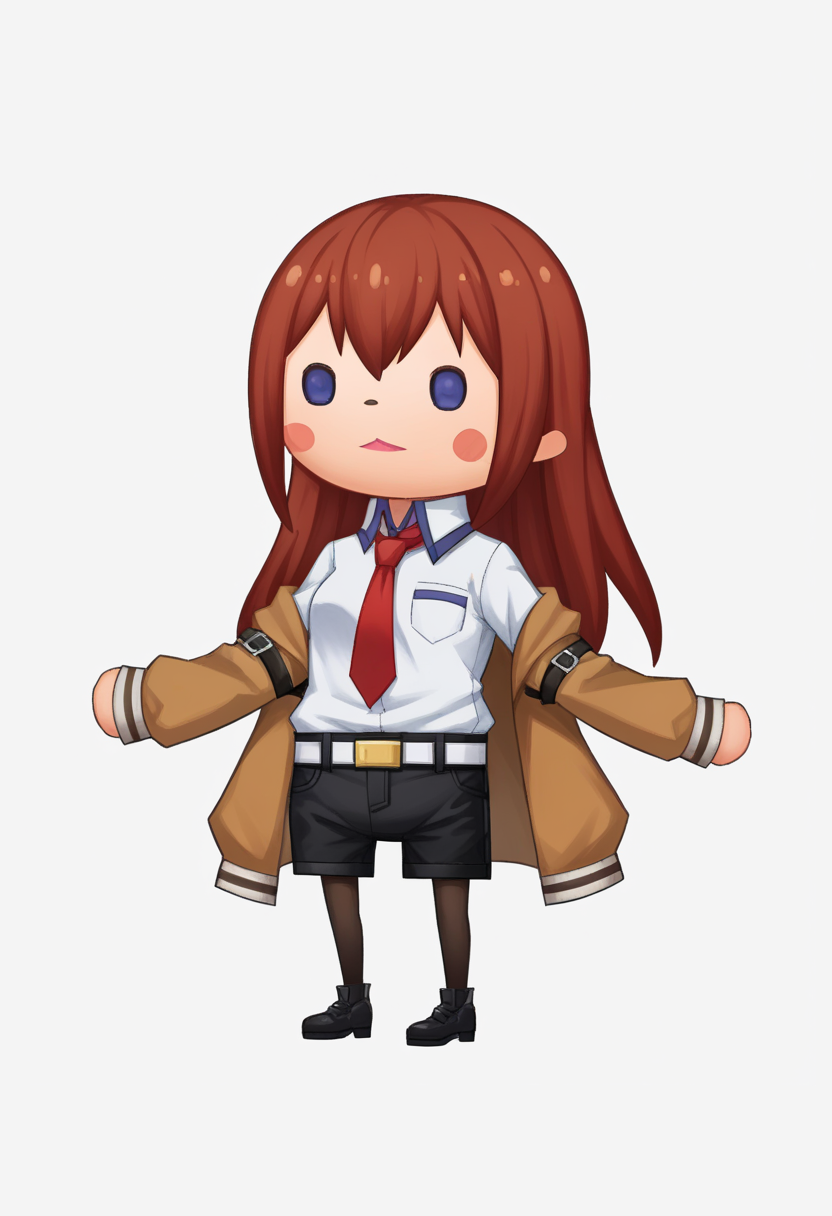 score_9, score_8_up, score_7_up, source_anime BREAK 1girl, solo,
<lora:zs_TheatrhythmStyleXL_1:1> theatrhythmstyle, chibi, white background, full body
 <lora:steinsgate_makise_ponyXL:0.7> makise kurisu, red hair, long hair, brown jacket, off shoulder, white shirt, red necktie, black shorts, pantyhose, legwear under shorts, white belt