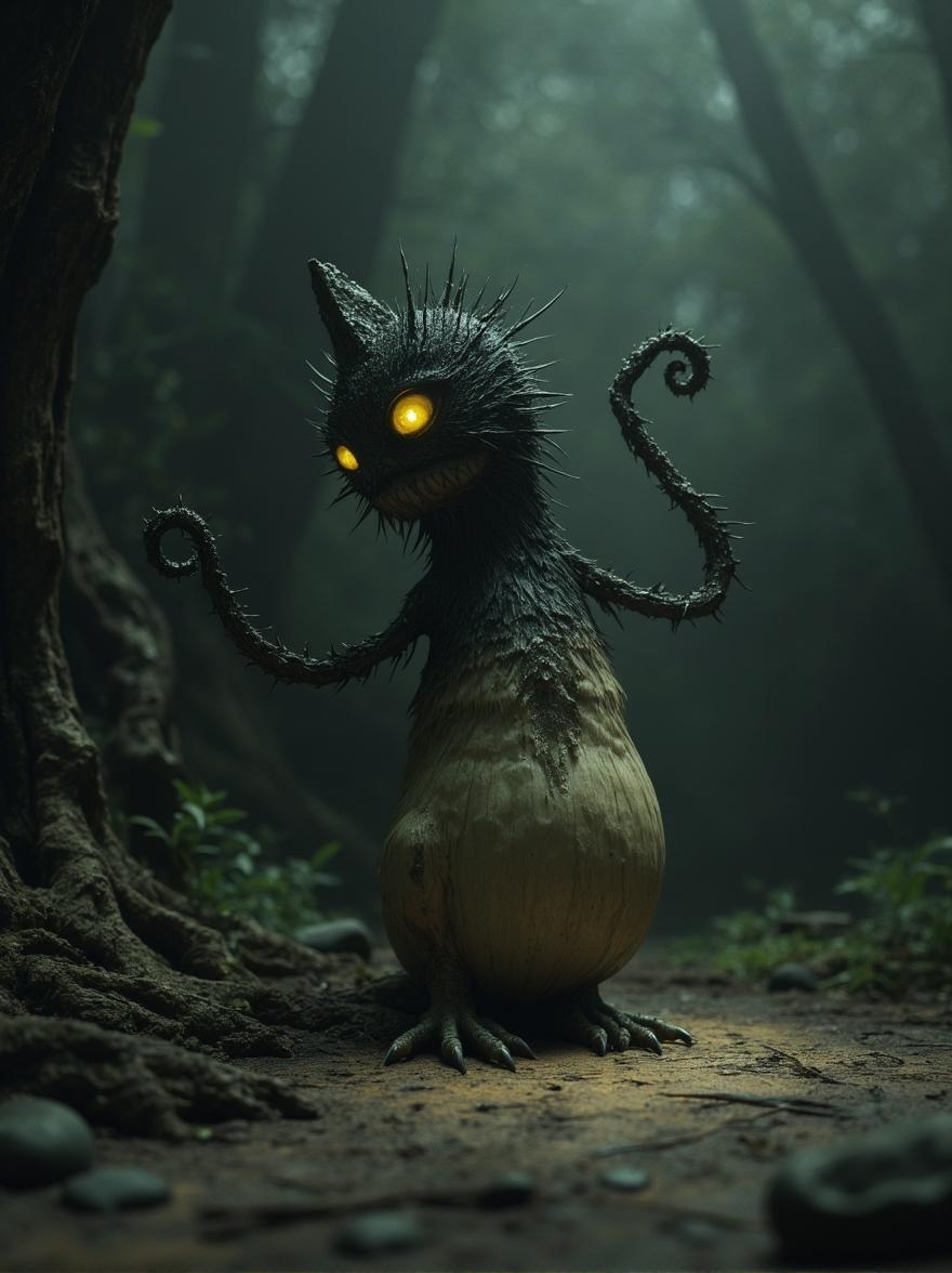 <lora:Dark_Fantasy_Anime-000021.safetensors:1> In a dimly lit setting, perched on a weathered wooden floor, delicate form contrasting against the somber backdrop of an intricate miniature. The overall atmosphere is one of whimsy and innocence, evoking a sense of fantastical storytelling.
The creature's bulbous body rises from a fog-shrouded forest, its spiky feathers quivering with unnatural energy. Yellow eyes glow with malevolent intent, while twisted limbs seem to curl around each other like living vines. The atmosphere is heavy with foreboding, yet the digital brushstrokes hypnotize.
