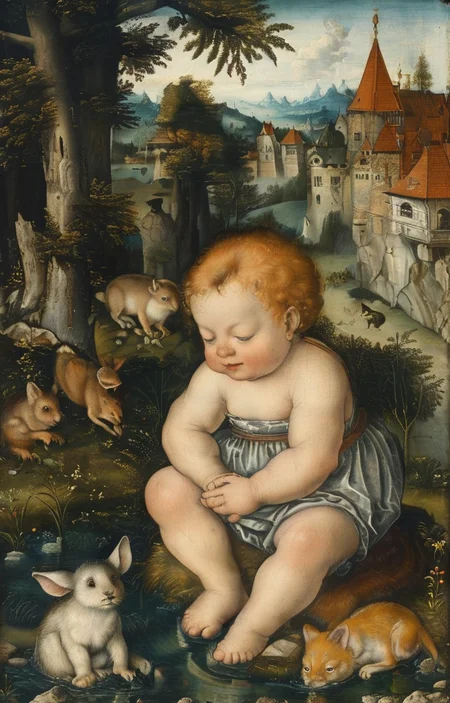 masterpiece,best quality,<lora:tbh282-sdxl:0.9>,illustration,style of Lucas Cranach the Younger animals