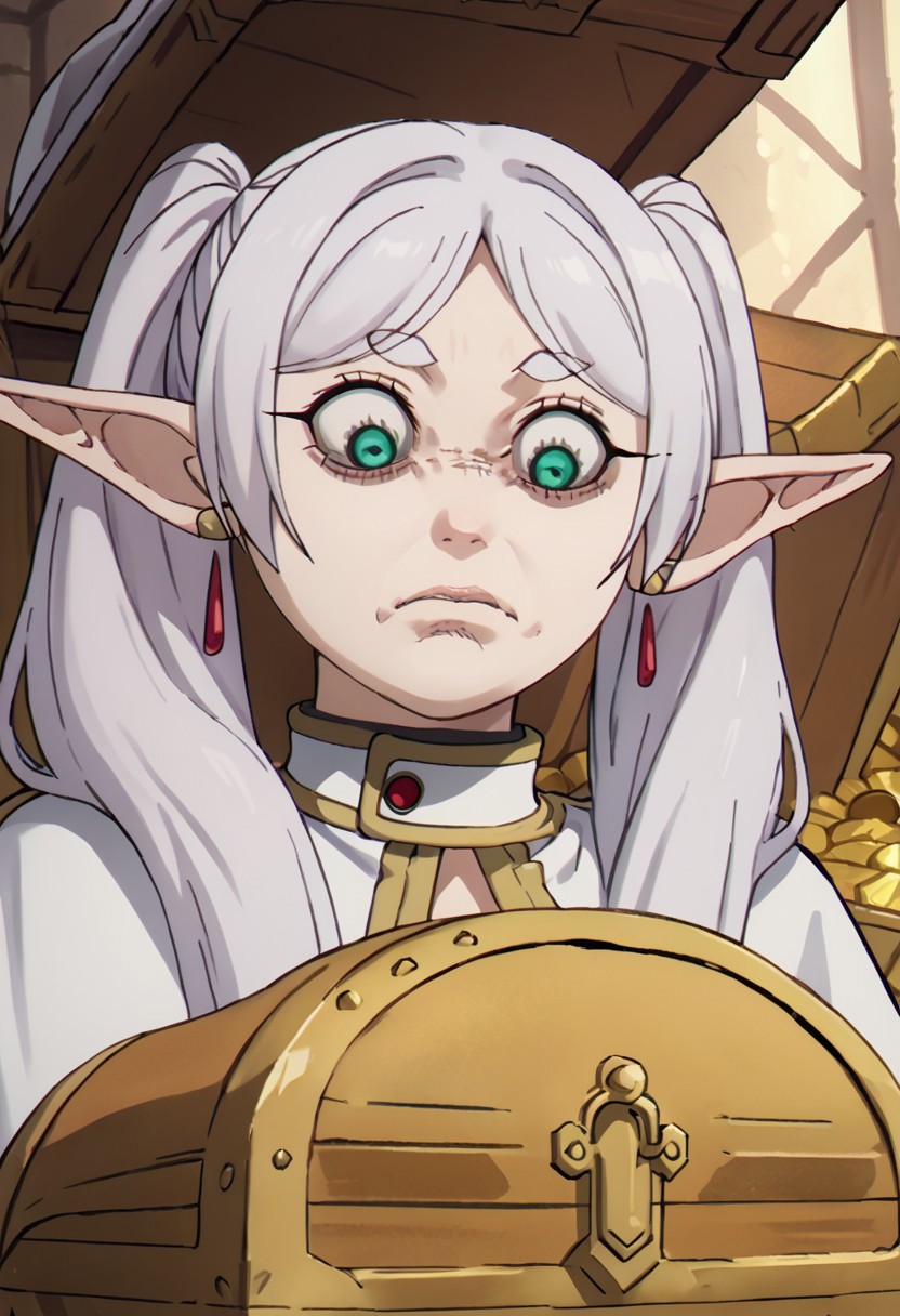 score_9, score_8_up, score_7_up, YelenaFacePrdy, shaded face, closed mouth, 1girl, sfrieren, elf, pointy ears, silver hair, white hair, green eyes, looking down, BREAK, (treasure chest:1.3), dungeon, mimic