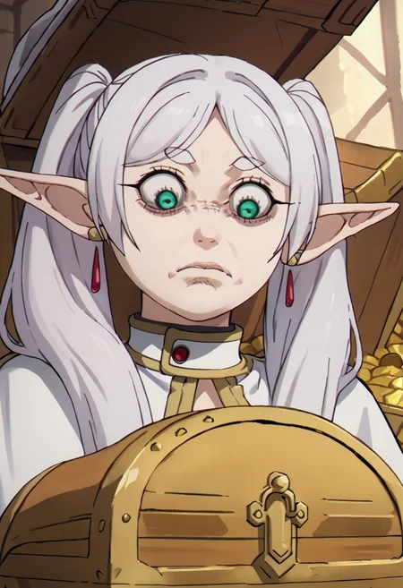 score_9, score_8_up, score_7_up, YelenaFacePrdy, shaded face, closed mouth, 1girl, sfrieren, elf, pointy ears, silver hair, white hair, green eyes, looking down, BREAK, (treasure chest:1.3), dungeon, mimic