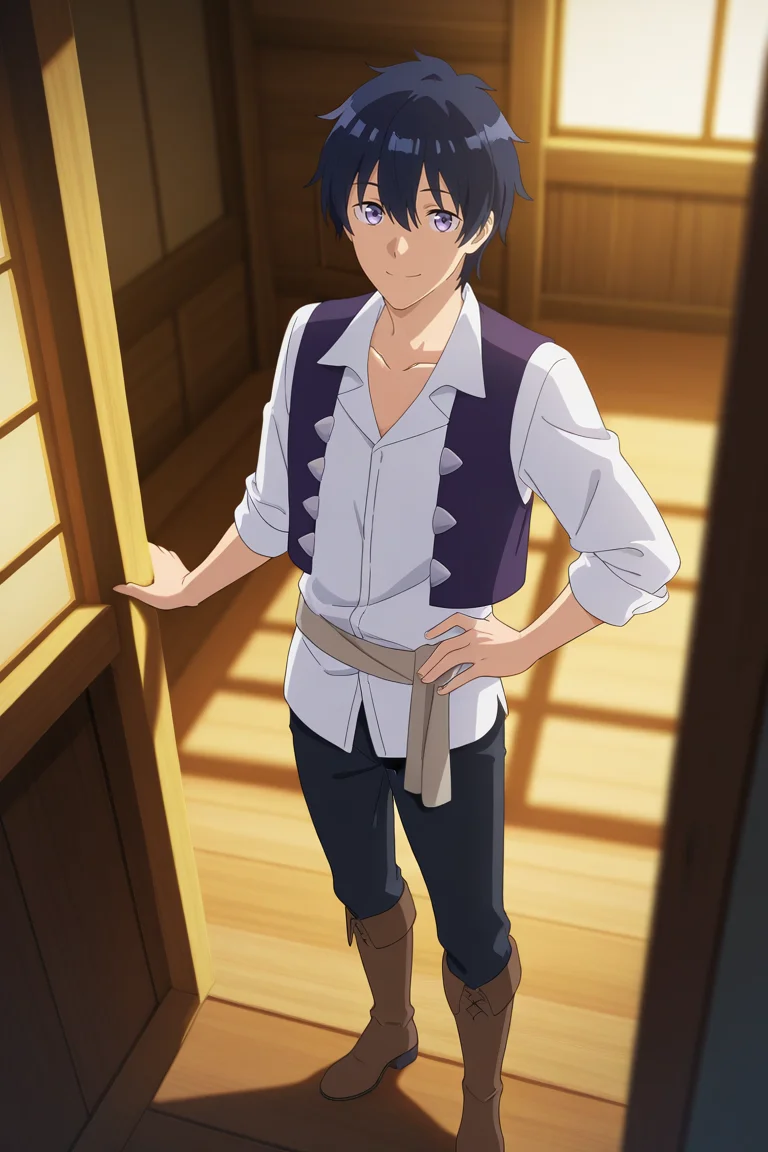 masterpiece, best quality, amazing quality, very aesthetic, high resolution, ultra-detailed, absurdres, newest, scenery, volumetric lighting, depth of field,anime screencap, , , 1boy, solo, male focus, <lora:hikaru:0.85>,hiraku machio,light purple eyes,black hair,short hair,bangs,hair between eyes,looking at viewer, smile, shirt, jewelry, standing, collarbone, white shirt, full body, boots, collared shirt, pants, vest, hand on own hip, black pants, brown footwear, knee boots, sleeves rolled up,indoors,wood,house,from above