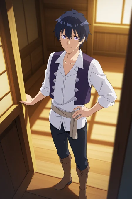 masterpiece, best quality, amazing quality, very aesthetic, high resolution, ultra-detailed, absurdres, newest, scenery, volumetric lighting, depth of field,anime screencap, , , 1boy, solo, male focus, <lora:hikaru:0.85>,hiraku machio,light purple eyes,black hair,short hair,bangs,hair between eyes,looking at viewer, smile, shirt, jewelry, standing, collarbone, white shirt, full body, boots, collared shirt, pants, vest, hand on own hip, black pants, brown footwear, knee boots, sleeves rolled up,indoors,wood,house,from above