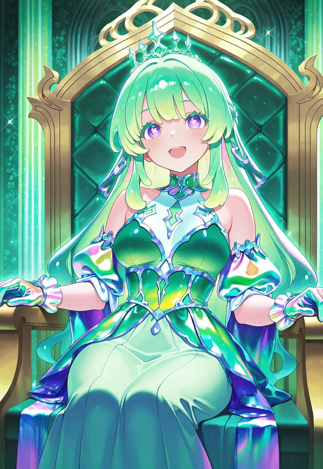 masterpiece, best quality, high quality, intricate,
1girl, Neneya Green, green hair, purple eyes, x-shaped pupils, solo, medium breasts,
(pastel green theme:1.2), green iridescent, blonde princess, made of iridescent (green puffy gown), made of iridescent gloves, iridescent crown, happy smile,
(made of iridescent palace, iridescent throne, iridescent room), (sparkles, sparkling iridescent), sharp focus, (glossy made of iridescent clothing, glittering made of iridescent fabric),
cowboy shot, sitting, highly detailed, majestic, shallow depth of field, movie still, hard light, circular polarizer, colorful, wallpaper, anime