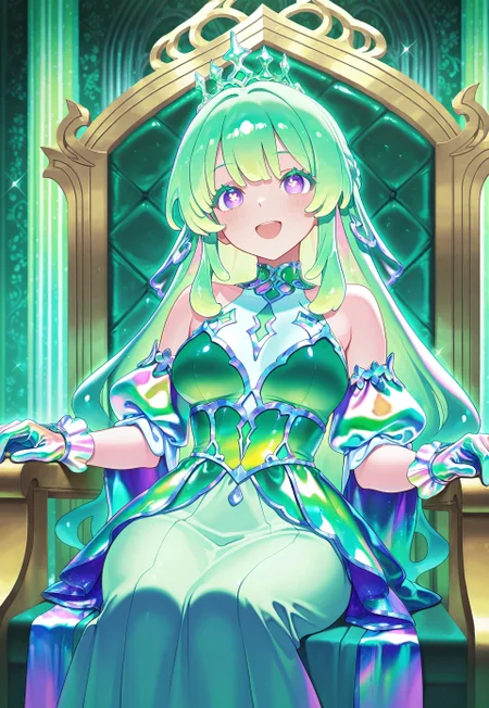 masterpiece, best quality, high quality, intricate,
1girl, Neneya Green, green hair, purple eyes, x-shaped pupils, solo, medium breasts,
(pastel green theme:1.2), green iridescent, blonde princess, made of iridescent (green puffy gown), made of iridescent gloves, iridescent crown, happy smile,
(made of iridescent palace, iridescent throne, iridescent room), (sparkles, sparkling iridescent), sharp focus, (glossy made of iridescent clothing, glittering made of iridescent fabric),
cowboy shot, sitting, highly detailed, majestic, shallow depth of field, movie still, hard light, circular polarizer, colorful, wallpaper, anime