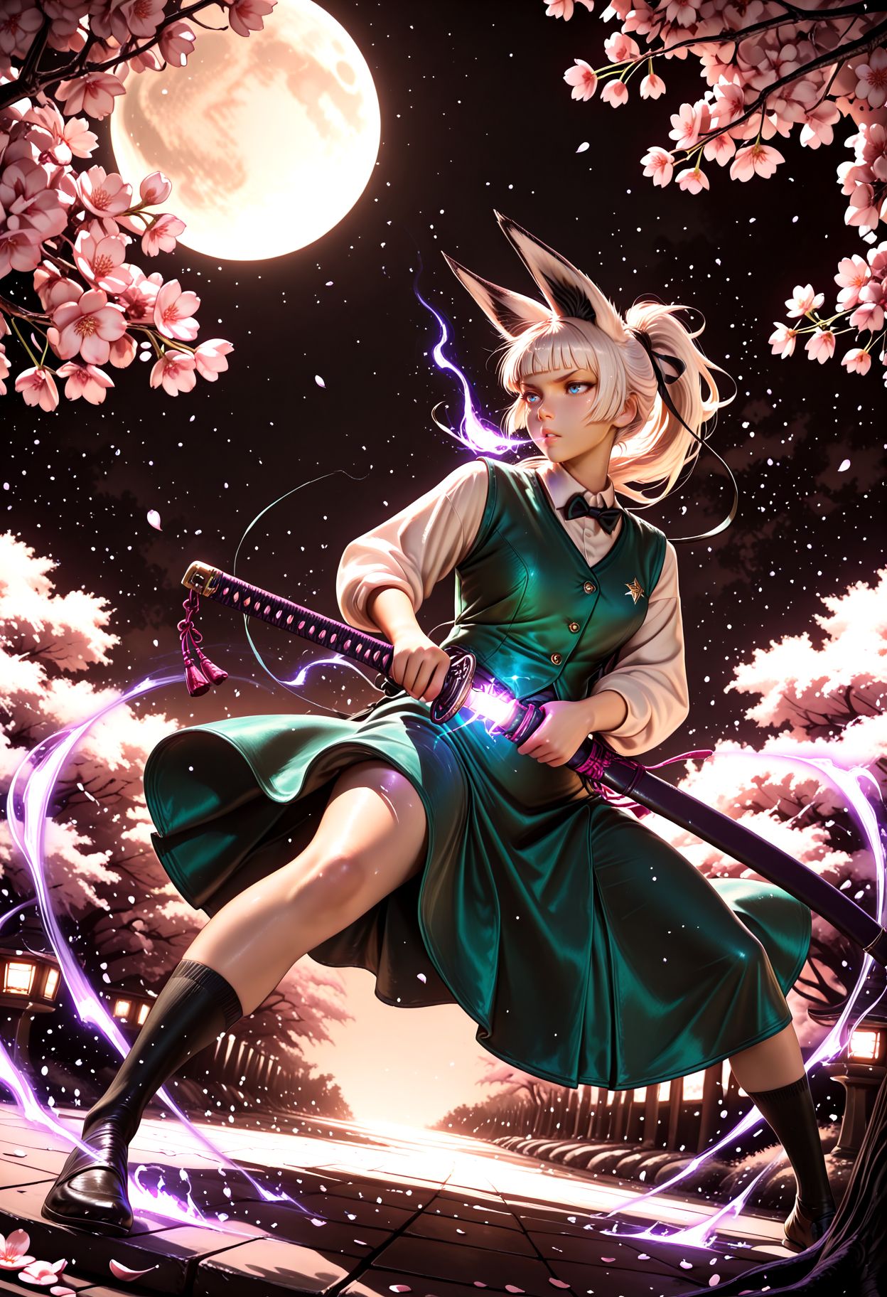 Smooth Quality, (sepia:1.5), glowing particles, 1girl, solo, fox ears, white fur, white hair, ponytail hair, blunt bangs, blue eyes, v-shaped eyebrows, parted lips, heavy breathing, black ribbon, black bowtie, white shirt, collared shirt, green vest, green skirt, socks, beautiful face, beautiful eyes, detailed eyes, glossy lips, glossy hair, (full body:1.1), (release particles light:1.1), (floating particle light:1.1), purple glowing aura body, purple magic array, accurate anatomy, ultra detailed face, luminous ghost, katana, (detailed katana:1.2), sheath, drawing a katana, unsheathing a katana, (battoujutsu stance:1.1), dynamic pose, fighting stance, ready to draw, cherry blossom tree, cherry blossoms, blowing in the wind, windy, midnight, dark background, moon light, dutch angle, dynamic angle, (soft lighting:1.1), stars, <lora:Smooth_Booster:0.5>,  <lora:Smooth_Lighting_Enhancer:0.5> <lora:Kyu_Yong_Eom_Style_-_Illustrious:0.6> <lora:All_Disney_Princess_-_Illustrious:0.2>