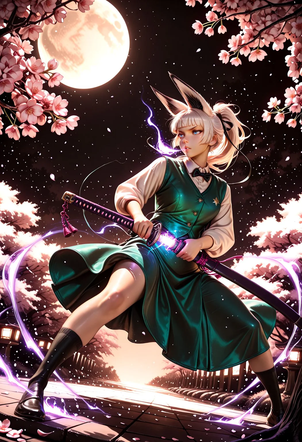 Smooth Quality, (sepia:1.5), glowing particles, 1girl, solo, fox ears, white fur, white hair, ponytail hair, blunt bangs, blue eyes, v-shaped eyebrows, parted lips, heavy breathing, black ribbon, black bowtie, white shirt, collared shirt, green vest, green skirt, socks, beautiful face, beautiful eyes, detailed eyes, glossy lips, glossy hair, (full body:1.1), (release particles light:1.1), (floating particle light:1.1), purple glowing aura body, purple magic array, accurate anatomy, ultra detailed face, luminous ghost, katana, (detailed katana:1.2), sheath, drawing a katana, unsheathing a katana, (battoujutsu stance:1.1), dynamic pose, fighting stance, ready to draw, cherry blossom tree, cherry blossoms, blowing in the wind, windy, midnight, dark background, moon light, dutch angle, dynamic angle, (soft lighting:1.1), stars, <lora:Smooth_Booster:0.5>, <lora:Smooth_Lighting_Enhancer:0.5> <lora:Kyu_Yong_Eom_Style_-_Illustrious:0.6> <lora:All_Disney_Princess_-_Illustrious:0.2>