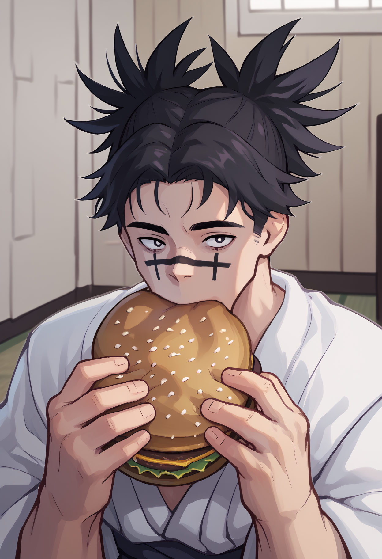 score_9, score_8_up, score_7_up, <break> jermaWhopper, eating, burger, looking at you, upper body, solo, male focus, 1boy, choso, facial tattoo, short hair, black hair, short twintails, japanese clothes, white robe, white kimono, indoors
<segment:yolo-face_yolov8m.pt,0.4,0.5//cid=1>