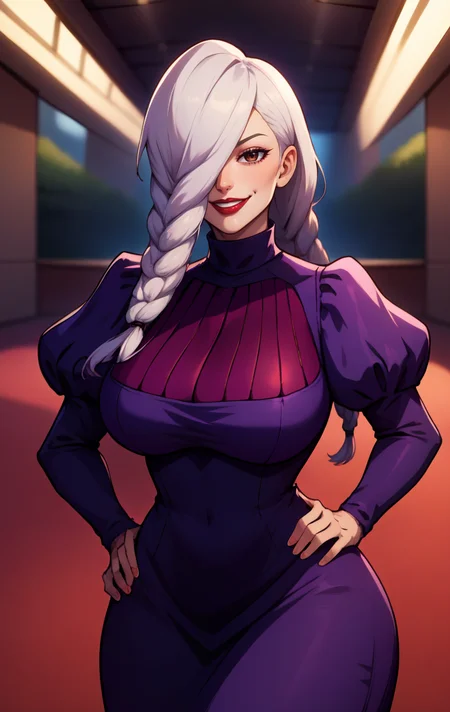 score_9, score_8_up, score_7_up, BREAK, <lora:MeimeiSDXL:1> MeimeiSDXL, 1girl, solo, long hair, breasts, looking at viewer, smile, brown eyes, large breasts, long sleeves, dress, braid, puffy sleeves,white hair, black dress, hair over one eye, blurry, black dress, hand on hip, makeup, blurry background, lipstick, juliet sleeves, purple dress, curvy, wide hips, braided ponytail, red lips, braided bangs, turtleneck dress
