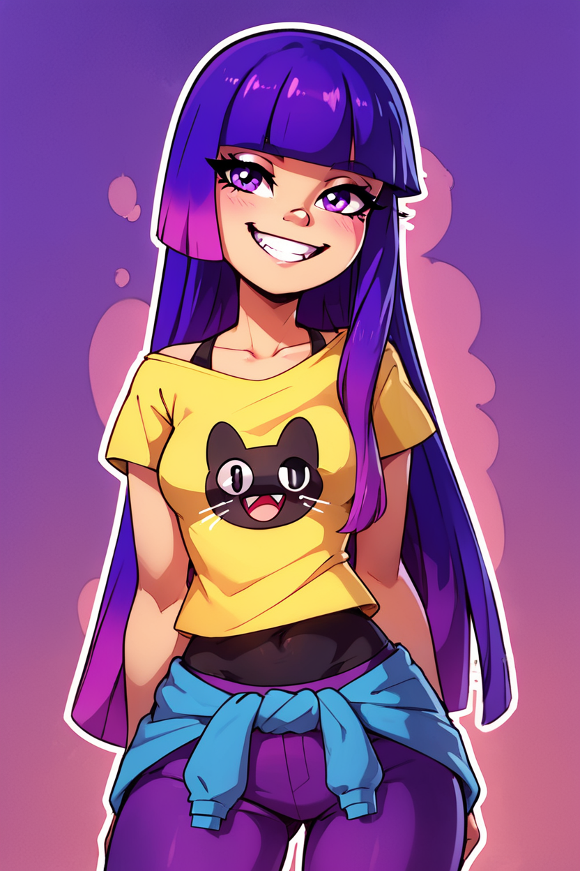 score_9, score_8_up, score_8, medium breasts, (curvy), cute, eyelashes,       BREAK, ,  ,,, zzMiko, long hair, purple hair, blunt bangs, multicolored hair, yellow shirt, short sleeves, t-shirt, print shirt, off shoulder, animal print, jewelry, purple pants, blue jacket around waist,  <lora:MikoKubota_PDXL_v2:0.8>,  ,,,  , BREAK, smile, looking at viewer, ,,, abstract background, white outline, cowboy shot, ,,, embedding:zPDXL, Expressiveh, ,,, <lora:CatalystStylePDXL:0.6>, <lora:SDXLFaeTastic2400:0.5>, <lora:Expressive_H-000001:0.4>,