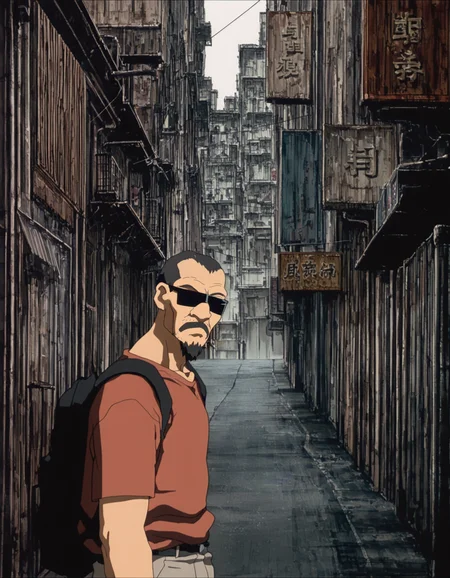 masterpiece, 8k, high res,  best quality, 
1boy, sunglasses, facial hair, solo, city, goatee, backpack, bag, building, shirt, alley, street, mustache, beard, black hair,
anime screenshot,  <lora:GITS Illustrious:0.9>