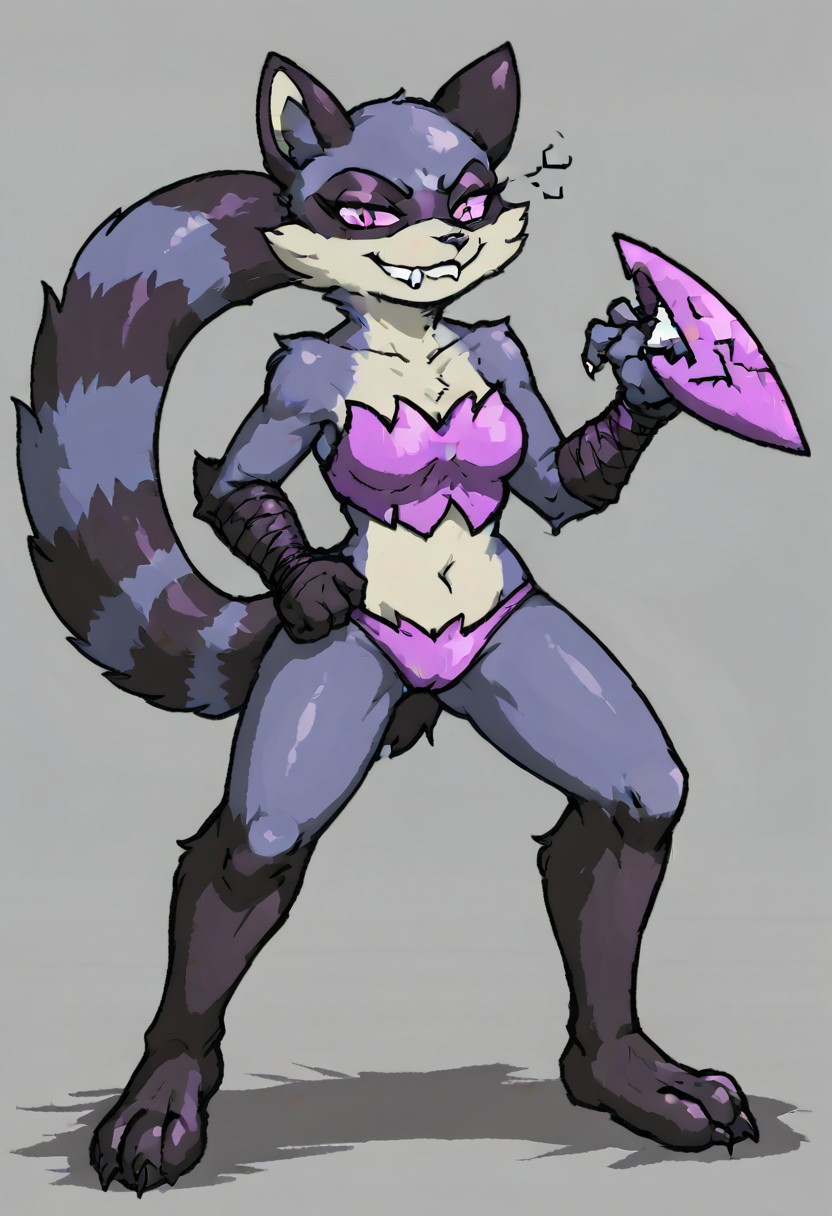 maypul, purple fur, raccoon, female, solo, 1girl, evil, pink/purple demon eyes, abyss, shadow figure, evil, anthro, smug on face, looking at viewer, evil glare, fangs