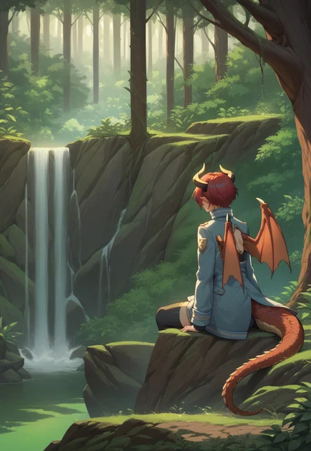 safe_pos, score_9, score_8_up, score_7_up, score_6_up, 1girl, grea, large breasts, dragon tail, dragon wings, dragon horns, pointy ears, short hair, cozy coat, back clothing cutout, plain black thighhighs, zettai ryouiki, red hair, forest clearing, huge lake, beautiful scenery, sitting on ledge, elevated position, from behind, back, from side, profile, epic light, (((distant view, wide shot, far away))), waterfall, steppe background