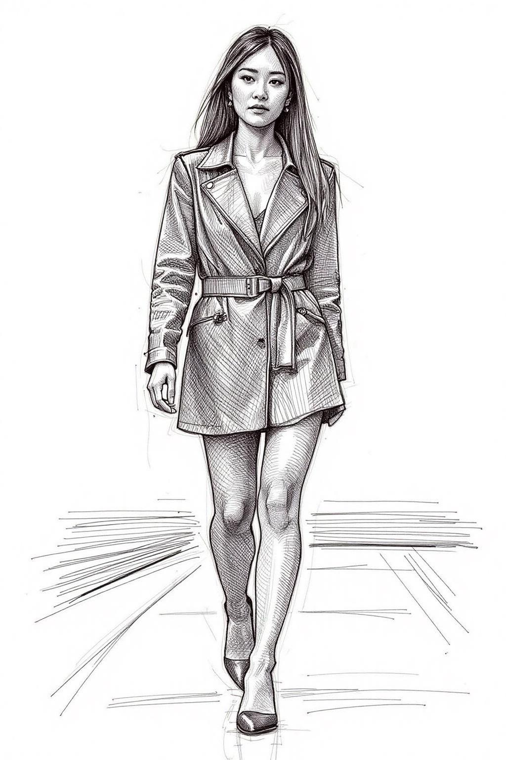 crosshatch black and white drawing of a Asian fashion model with straight long hair on a catwalk. <lora:crosshatch1_nocap_d6a3:0.8><lora:809100907464660182:0>