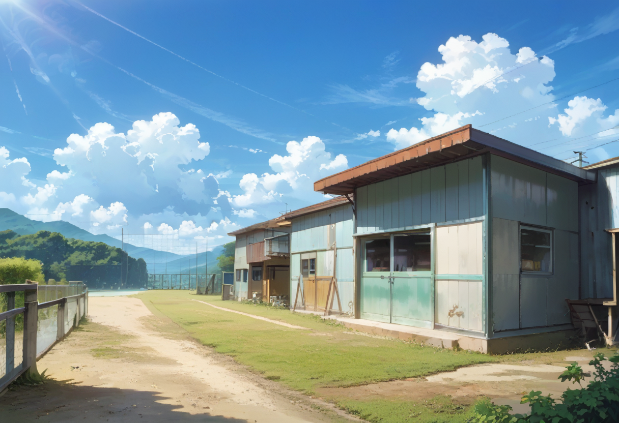 score_9, score_8_up, score_7_up, rating_safe, masterpiece, best quality, absurdres, unity 8k wallpaper, official art, official style, source_anime, uncensored, game cg, megami magazine,
taikusouko, scenery, cloud, sky, building, fence, day, exterior, outdoors, blue sky, summer, cloud, sunlight, 
 <lora:gakkou_taiikusouko_PONY_V1:1>