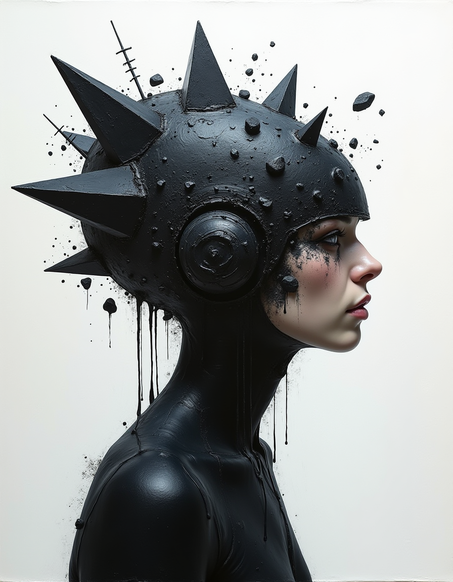 white and black, oil painting, from the waist up profile, sharp focus, (biopunk:1.3) and (dark fantasy:0.5) and (retrofuturism:1.1),
unusual face or head or helm or headdress. flowing resin, melted vinyl, pieces of coal.
saturated dirt color background. 
gemetric shape on deep white background.
in the style of gerald brom and Joseph Cross.
The painting features dark tones, side lighting, high contrast, clean lines, high resolution, and high detail.