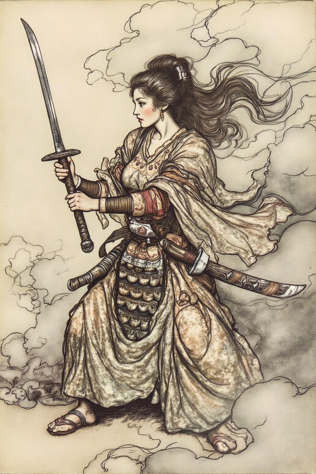 artrack1 illustration 
a female Japanese samurai warrior wielding a katana, blending form with reality. Glitching the surreal with blurred dreams on a white background. Woven light fuses delicatly with whispering shimmers creating a eyecatching and masterpiece artwork. drifting fog, cracked light and smokey haze in floating threads finishes the dreamlike reality.  <lora:artrack1_nocap_d6a3:1.0><lora:812484371031501435:0>