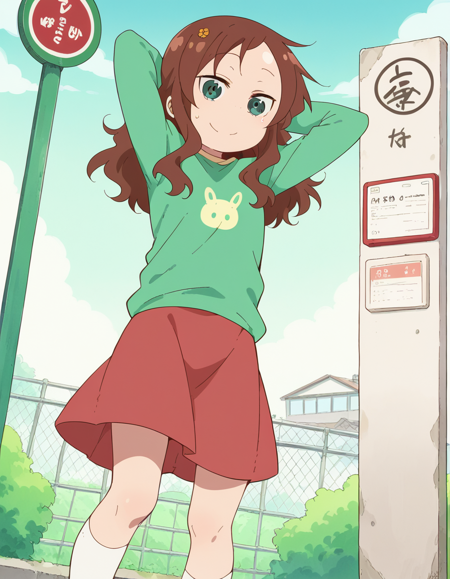 score_9, score_8_up, score_7_up, source_anime, <lora:riko-saikawa-s2-ponyxl-lora-nochekaiser:1>, riko saikawa, long hair, brown hair, green eyes, hair flower, hair ornament, flower,, skirt, shirt, long sleeves, red skirt, white socks, green shirt,, bus stop, waiting, commuter, smartphone, checking time, cold morning, smile, looking at viewer, hands behind head,, solo,, dutch angle,