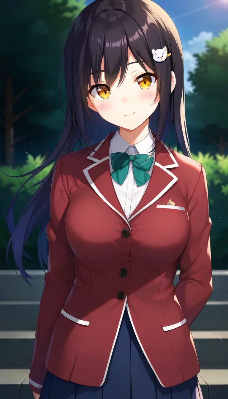 score_9,score_8_up,score_7_up,score_6_up BREAK official art,solo,outdoors,upper body,(portrait:1.5),looking at viewer,facing viewer,smile,blush,Wataya Mio,long hair,black hair,cat hair ornament,hairclip,bangs,yellow eyes,school uniform,red jacket,Blazer,white shirt,collared shirt,long sleeves,sleeves past wrists,medium breasts,blue skirt,pleated skirt,white socks,loafers,<lora:Wataya Mio(od)-Pony:1.2>,