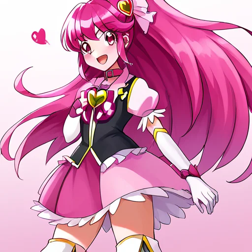 1girl,<lora:Megumi_Aino:1>Cure Lovely,bright pink hair, long hair, knee-length ponytail, heart-shaped hair clip, pink frills,dark gray jacket, pink collar, gold heart emblem, pink ribbon, puffy light pink sleeves, back ribbon, transformable wings, pink skirt with frills, white thigh-high boots, heel ribbons, white gloves, elbow-length gloves, yellow trim gloves,any pose <lyco:Megumi_Aino:1>