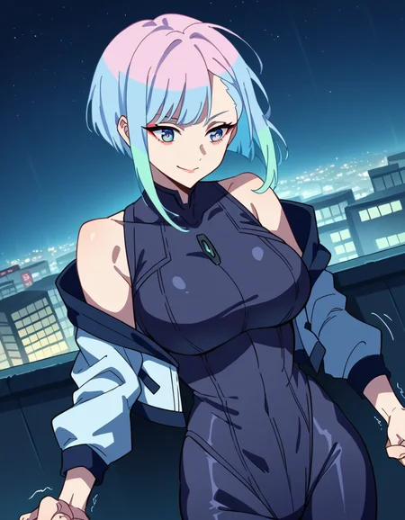 score_9, score_8_up, score_7_up, source_anime, <lora:cyberpunk-lucy-s1-ponyxl-lora-nochekaiser:1>, lucy, short hair, bangs, blue eyes, blue hair, multicolored hair, makeup, multicolored eyes, large breasts,, bare hips, bodysuit, jacket, leotard, monowire, off shoulder, off-shoulder jacket, open clothes, open jacket, skindentation,, city skyline, rooftop view, night time, city lights, quiet reflection, smile, , hand shaking hands, solo,, cowboy shot, dutch angle