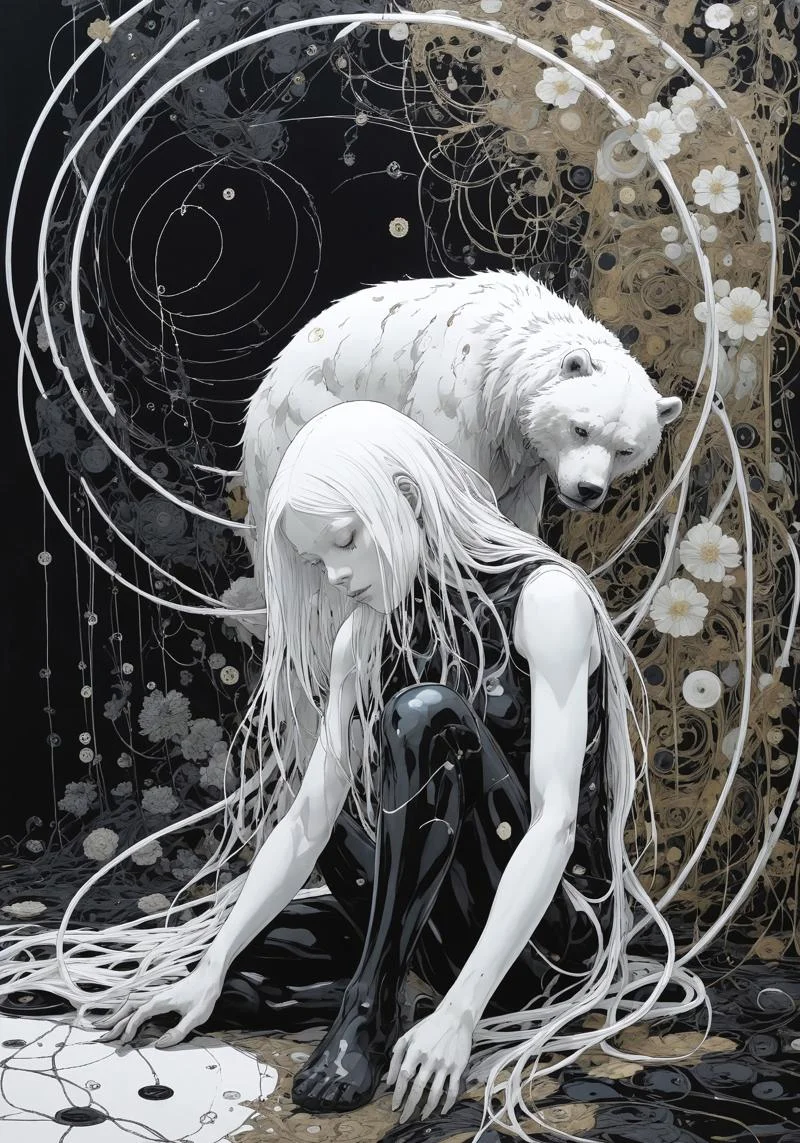 Blame! by Tsutomu Nihei despair and death everywhere, inside a black bubble, black symbiote on a slender angry white long hair sleeping, girl with cyborg face, fetal position, white bear puppy in background, speceship hallway, flower patterns, circles, dark atmosphere, despair and death everywhere, buttons and mashines in background, cables and tubes everywhere
easynegative, ng_deepnegative_v1_75t