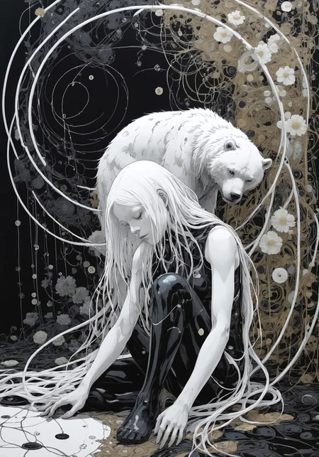 Blame! by Tsutomu Nihei despair and death everywhere, inside a black bubble, black symbiote on a slender angry white long hair sleeping, girl with cyborg face, fetal position, white bear puppy in background, speceship hallway, flower patterns, circles, dark atmosphere, despair and death everywhere, buttons and mashines in background, cables and tubes everywhere
easynegative, ng_deepnegative_v1_75t
