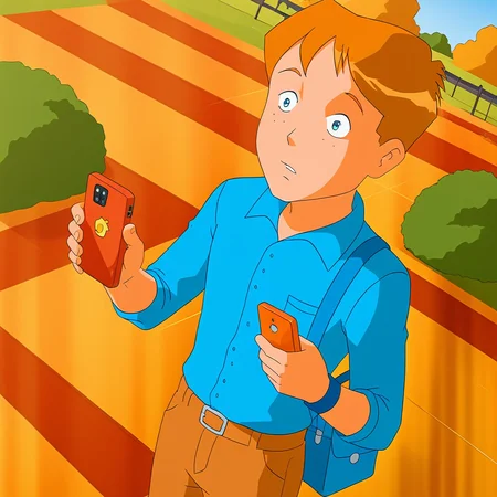 embedding:Pony\Positive\zPDXL3, masterpiece, best quality, good quality, male focus, jason_hightower_totally_spies, solo, aged up, 18 years old, 1boy, mature male, mature man's body, male focus, dutch angle, high resolution, slim body, outdoors, park, blue crossbody bag, holding cellphone, smart band, large head, wide head, short hair, reddish-orange hair, reddish-orange eyebrows, blue eyes, reddish-orange sideburns, reddish-orange thin goatee, casual clothes, long sleeves, blue buttoned up shirt, brown length trousers