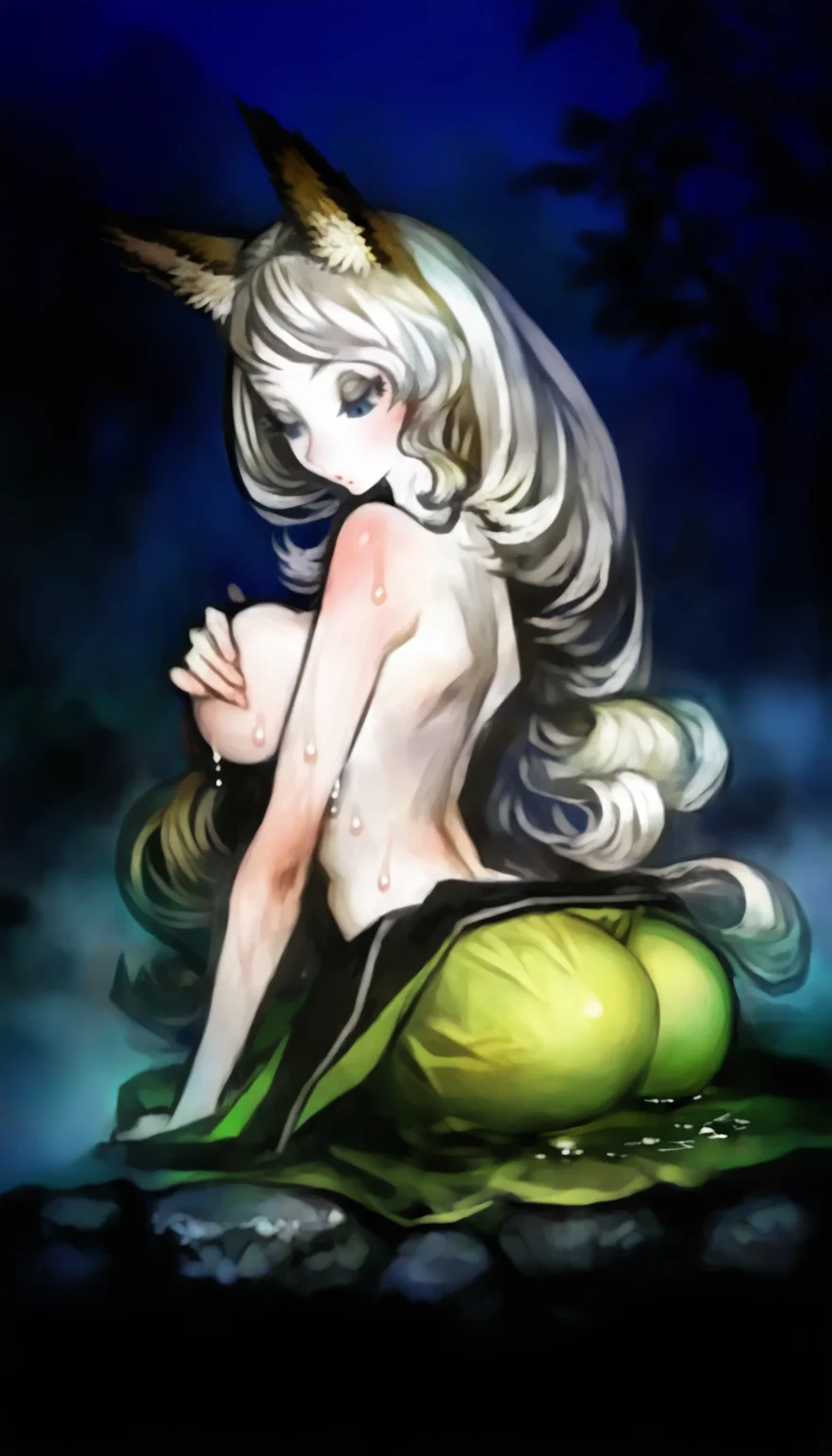 masterpiece,best quality,amazing quality,
<lora:yuzuruhaNAI>,yuzuruha,mature,
1girl,solo,pale skin,
white hair,long hair,wavy hair,fox ears,blue eyes,
green kimono,(topless:1.2),
upper body,sitting,
from side,leaning forward,looking down,covering breasts,
(body blush:1.1),(ass:1.1),backless,(ass exposure:1.1),closed eyes,hands on ground,bent over,
wet clothes,
rain,(wet:1.1),(dripping:1.1),sticky,sweaty,
outdoors,night,fog,depth of field,dark,vignetting,fog,forest,rock,hands on ground,onsen,