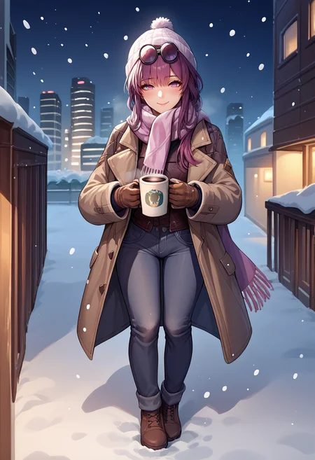 score_9, score_8_up, score_7_up, source_anime, <lora:Kafka-000008:1>, kafkadef, 1girl, solo, purple eyes, bangs, full body, eyewear on head, winter clothes, beanie, scarf, coat, pants, gloves, holding, coffee cup, outdoors, night, snowing, skyline blush, cold, seductive smile