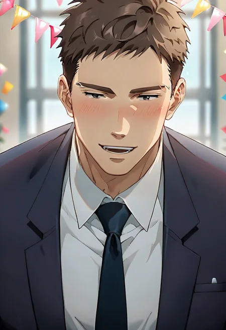 (score_9, score_8_up, score_7_up), ((source anime, best quality, best aesthetic, perfect anatomy, Gold Ratio, Art Composition, zPDXLxxx)), 1boy, doumeki, male_focus, handsome detailed face, black eyes, collared shirt, blazer, necktie, solo, modern office, portrait, (((Happy Birthday, Crepuscular Ray, zoomed in, close to viewer, Exercise, convenient arm))), <lora:aesthetic_anime_v1s:1>, <lora:Smooth Anime 2 Style SDXL_LoRA_Pony Diffusion V6 XL:1>, <lora:Doumeki:0.8>