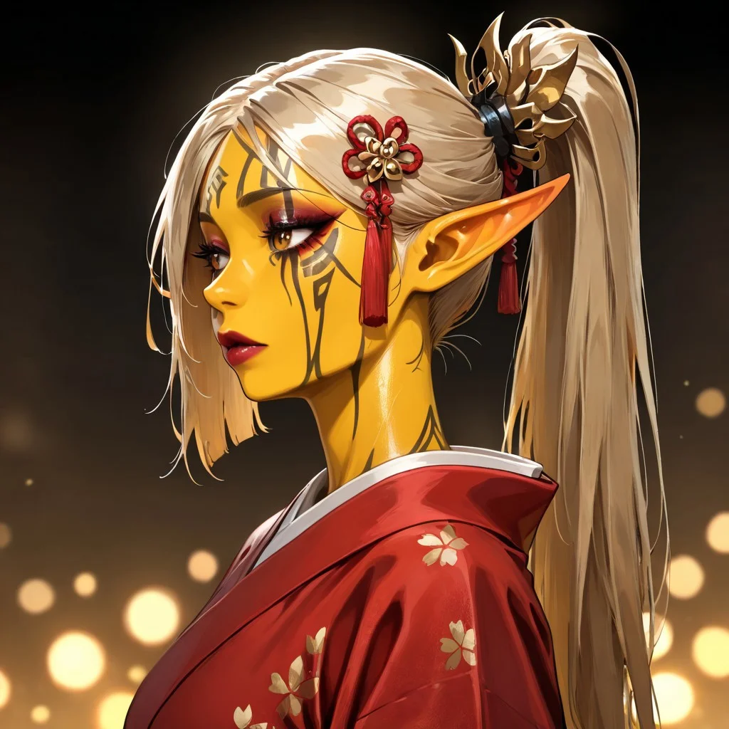 masterpiece, best quality, newest, absurdres, highres, DMIXV1.0, 1girl, asian, asian female, elf, elf girl, pointy ears, long hair, yellow skin, blonde hair, golden colored skin, ponytail long ponytail, high taied ponytail, makeup, mascara, brown eyes, golden eyes,
kimono, red kimono, japanese clothes, hair ornament,