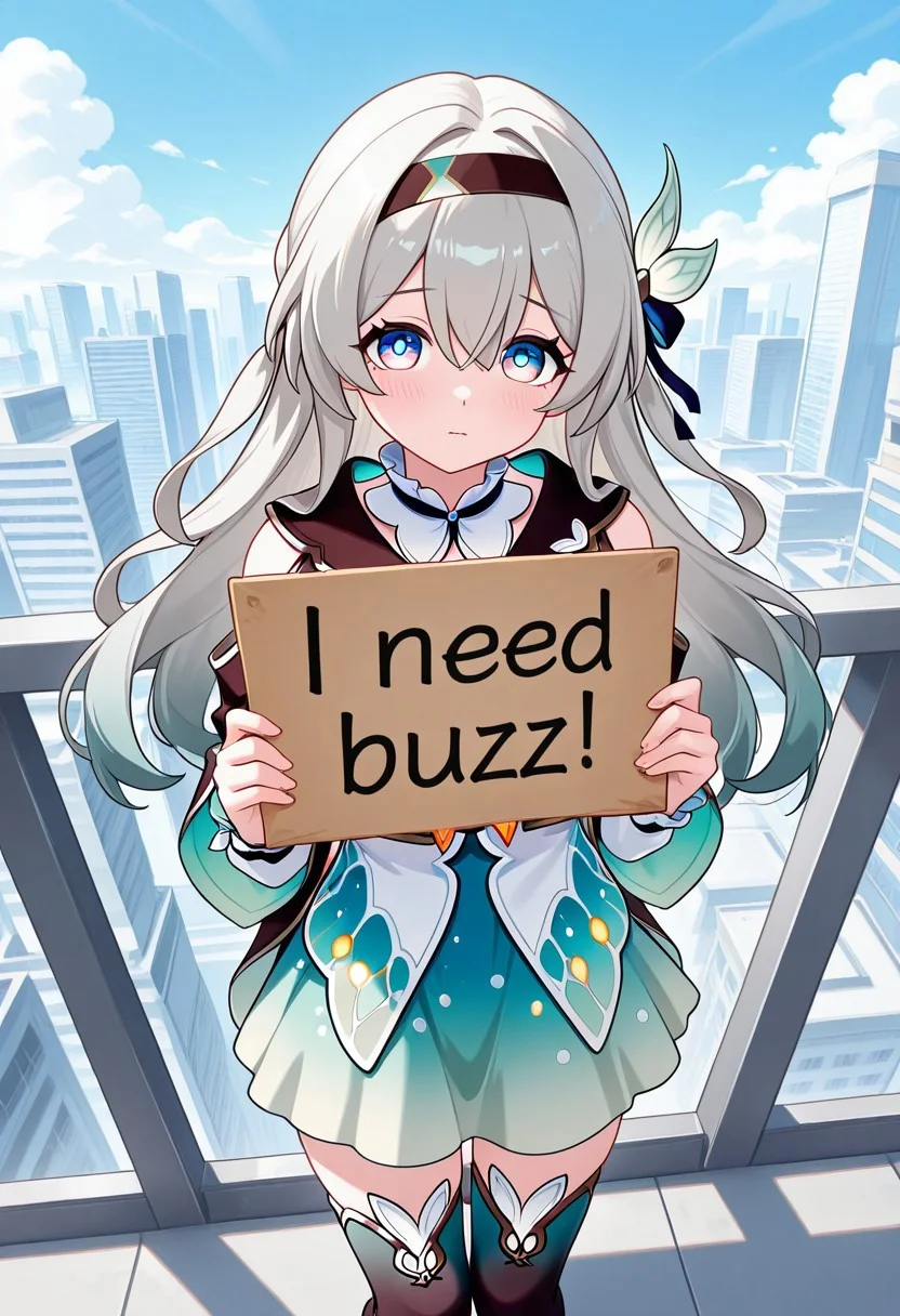 masterpiece,best quality,amazing quality, need_buzz, holding sign, 1girl, firefly_\(honkai:_star_rail\), White city, on roof, blue sky