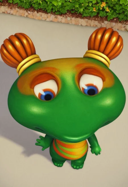 lulu zipadoo, 1girl, furry, anthro, (frog shaped head), green skin, blue eyes, orange eyelid, orange hair, yellow hair ties, pigtails, wide head, chibi, 3 oranges stripes around belly, plump, little tail, wide hips, short body, short legs, Expressiveh, realistic, 3d, score_8_up, score_7_up, BREAK, 1girl, solo, from above, high angle shot, shy, shy feet, sad, no shell, finger to finger, looking away, park, detailed background
