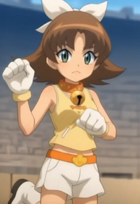 source_anime, anime screencap, source_anime, auratheguillotine, anime screencap, masterpiece, source_anime, shiny skin,,,,,,,,, bare shoulders,,, motti, brown hair, green eyes, nekoguchi, bell collar, orange collar, bangs, hair ribbon, white ribbon, medium hair, yellow tank top, tank top, exposed arms, sleeveless,, white shorts, orange belt, white boots, white gloves, one paw glove, one fingerless glove,