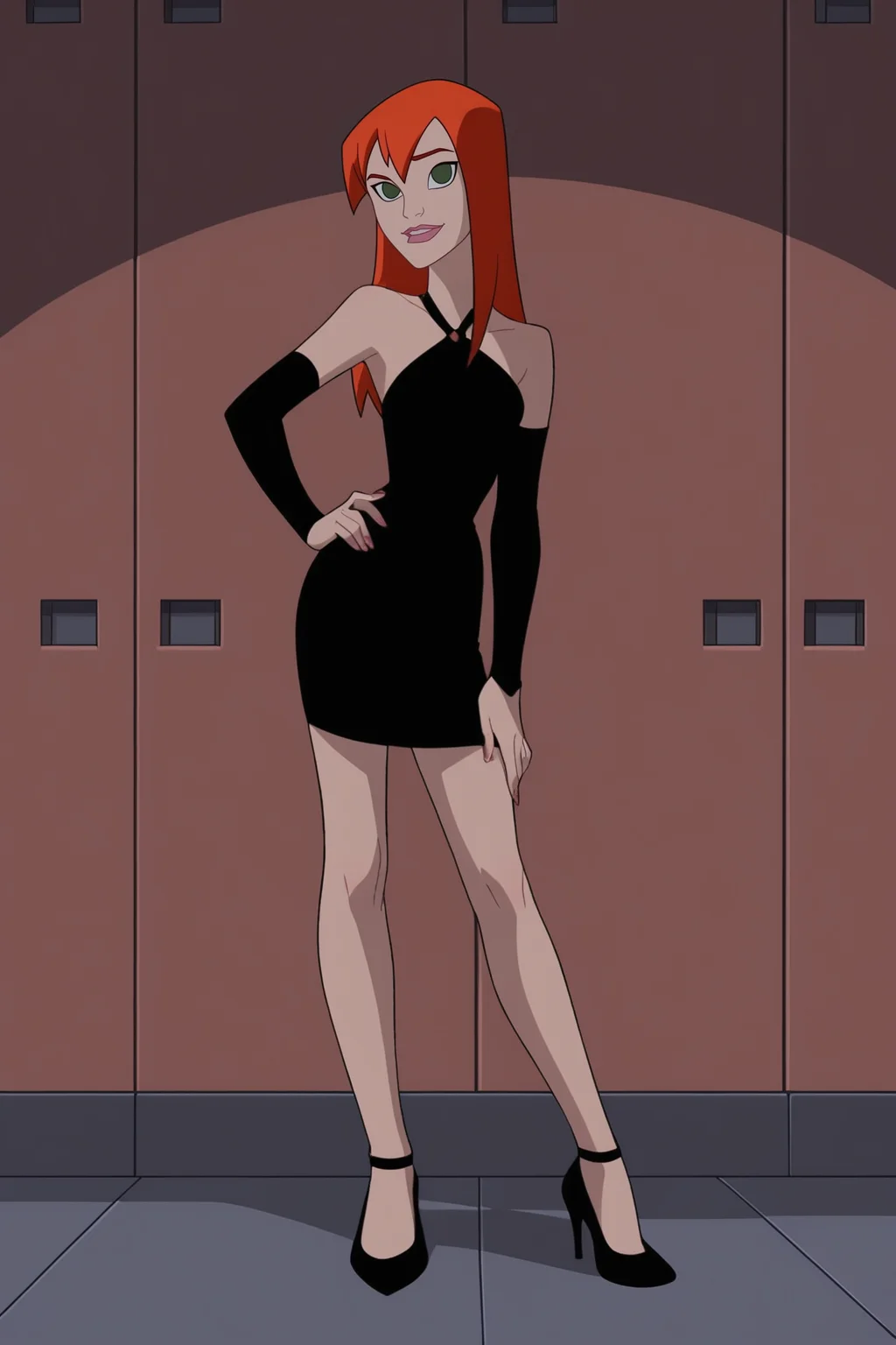 2D, source_cartoon, score_9, score_8_up, score_7_up, score_6_up, score_5_up, score_4_up, BREAK, 1girl, <lora:Mary_Jane-000002:1>, Mary Jane, Marvel, green eyes, orange hair, detached sleeves, black dress, bare shoulders, modeling pose, hand on hip, full body