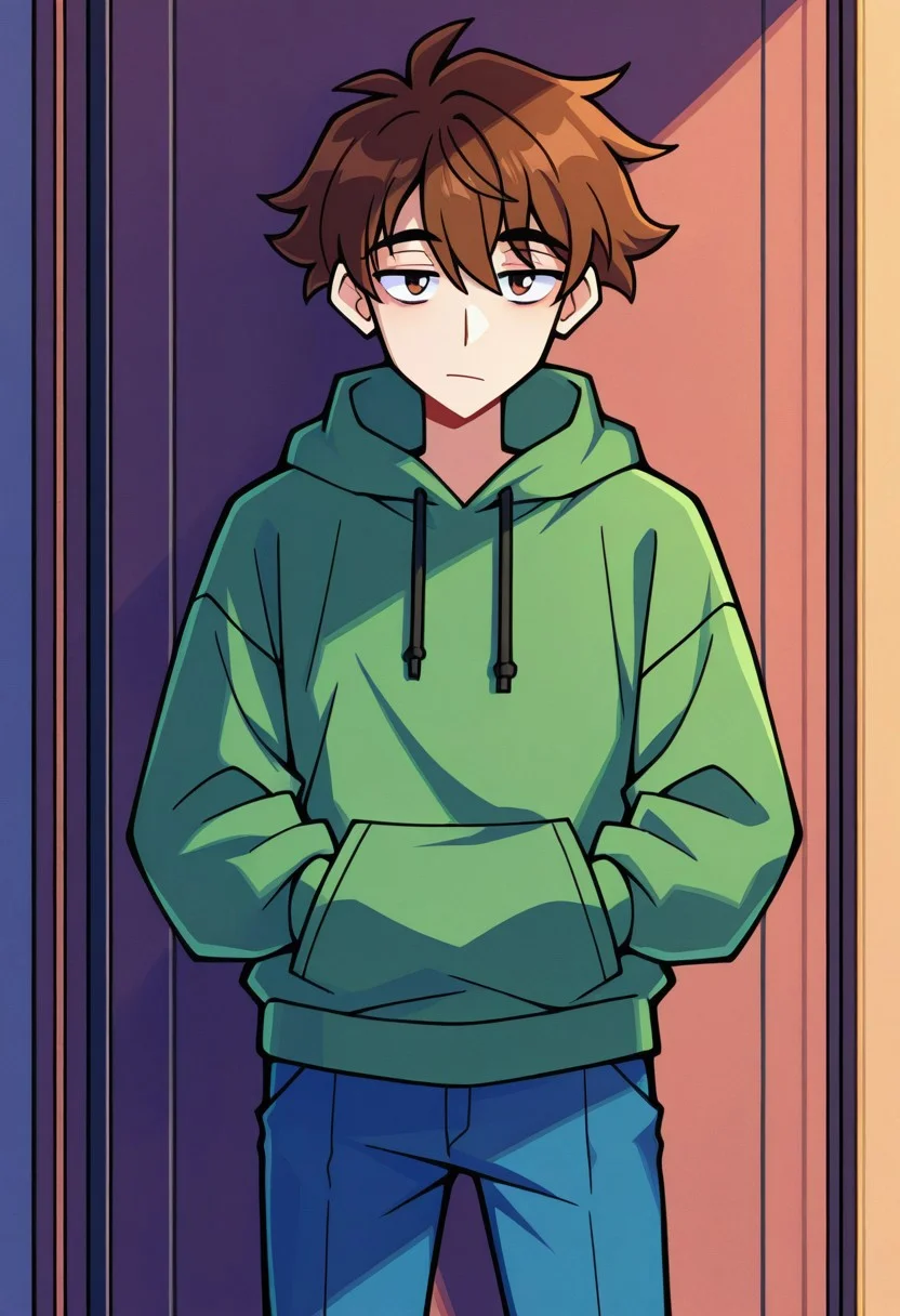masterpiece, best quality, highres, yuunsfw, BREAK, 1boy, brown hair, green hoodie, blue pants, tired, looking at viewer, hands in pockets, standing, cowboy shot