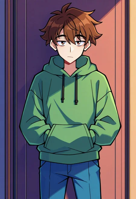 masterpiece, best quality, highres, yuunsfw, BREAK, 1boy, brown hair, green hoodie, blue pants, tired, looking at viewer, hands in pockets, standing, cowboy shot