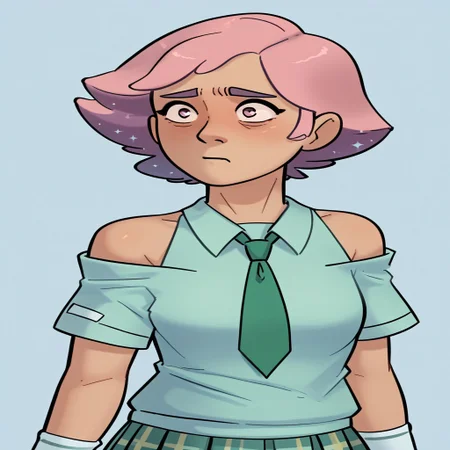 score_9, score_8_up, score_7_up, relatedguy, bust shot, solo, bare shoulders, CHGlimmer, simple background, one colour background, light blue background, Guilty, Downcast eyes, slumped shoulders, and a slightly ashamed expression, School Uniform, Green Tie, Green Collar Shirt, Skirt, Pleated Skirt, Short Sleeves, Long Socks,