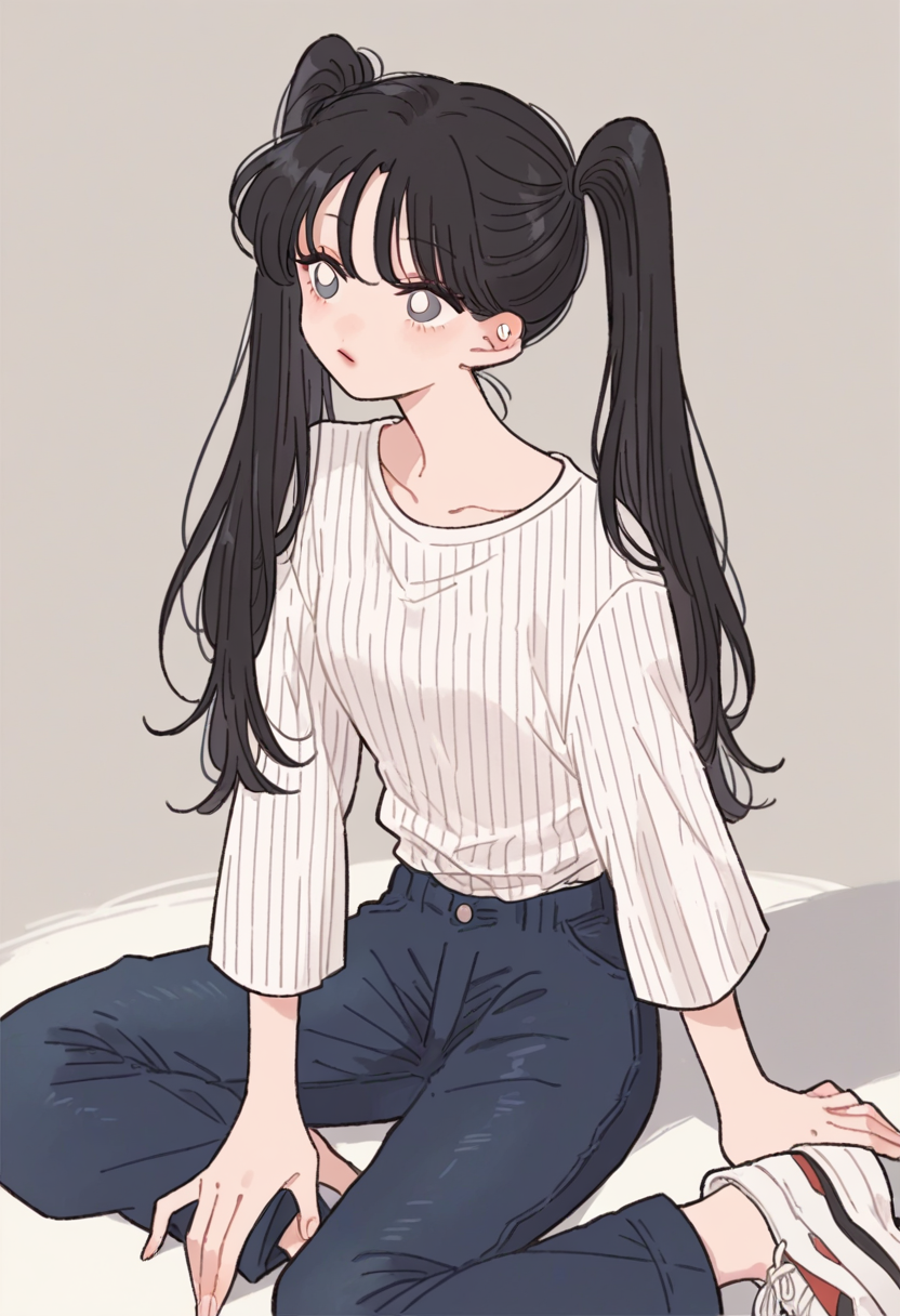 score_9, score_8_up, score_7_up, score_6_up, source_anime, <lora:rikuwo_v0.3-pony:1>
1girl, long hair, black hair, twintails, sitting, on floor, pants,
